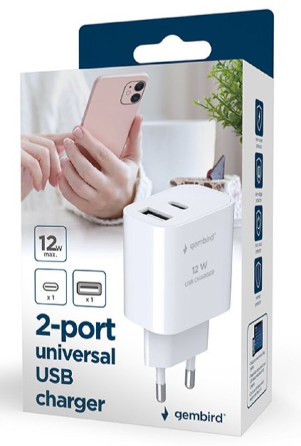 TA-UC-2AC12-01 Gembird USB punjac, 2-port USB-A+ USB-C, 2.4 A, white