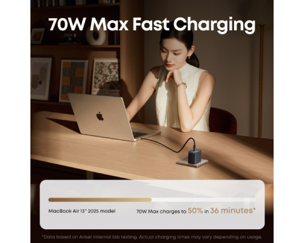 ANKER Prime 70W GaN zidni brzi punjač, 3-porta (2x USB-C i 1x USB-A) crni (MOB03318)