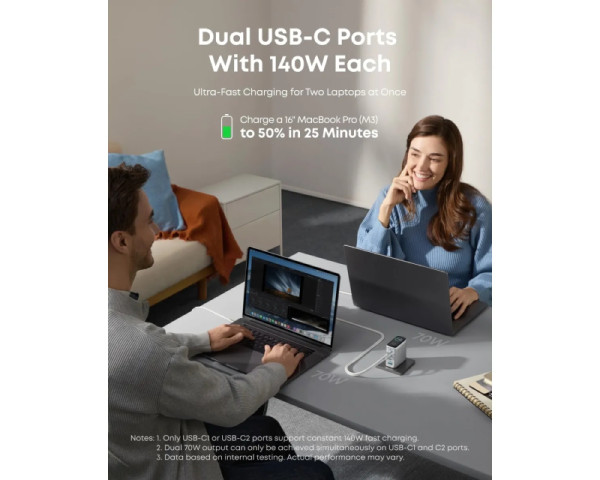 ANKER 140W GaN zidni brzi punjač, 4-porta (3x USB-C i 1x USB-A) sa USB-C M M pletenim kablom, srebrni (MOB03223)