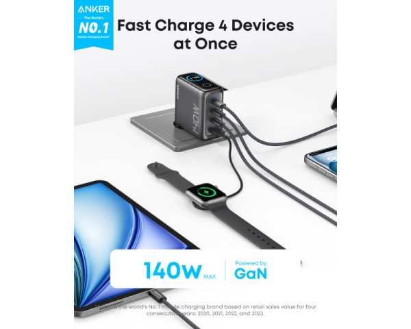ANKER 140W zidni punjač 4-porta (3x USB-C, 1x USB-A), tamno sivi, USB-C kabl (MOB03342)