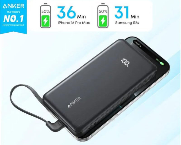 ANKER Zolo 20000mAh, 22.5W, sa ugrađenim USB-C kablom, Power Bank crni (MOB03317)