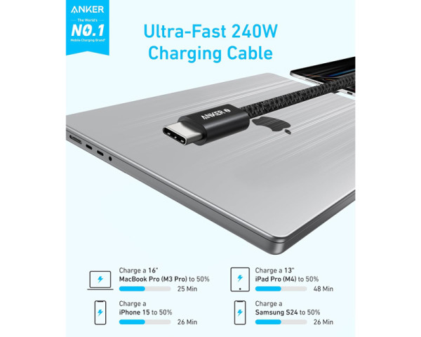 ANKER Zolo USB tip-C kabl M M 1m,  super brzo punjenje 240W, pleteni, crni (OST08319)