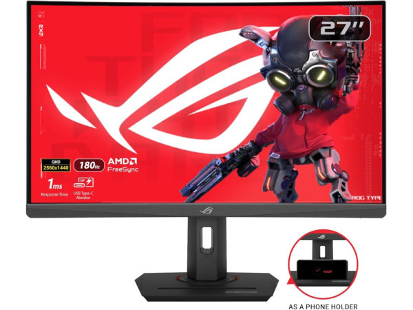 Monitor ASUS ROG XG27WCS 27''/VA,zakrivljen/2560x1440/180Hz/1msGtG/HDMI,DP,USB C/freesync/visina/crna (90LM09P1-B01370)