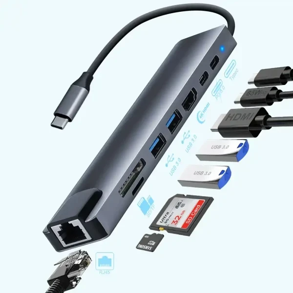 Adapter-konverter USB Tip C Zeus 11 1 1xUSB3.0 3xUSB2.0 HDMI TF SD Audio RJ45 VGA Tip C PD