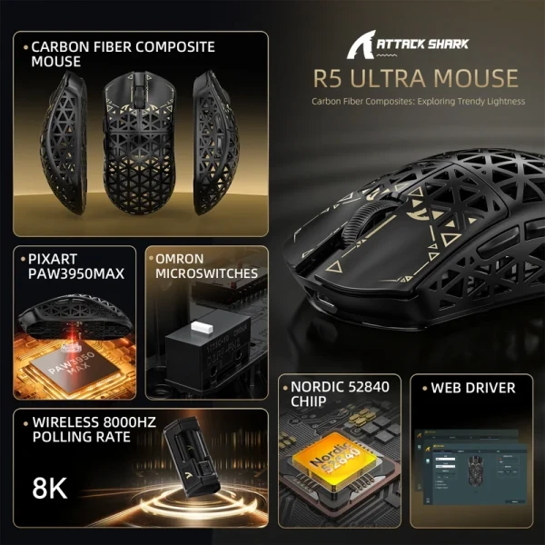 Bežični gaming miš Attack Shark R5Ultra PAW3950MAX Carbon Fiber Superlight 8KHz Omron Switches Black